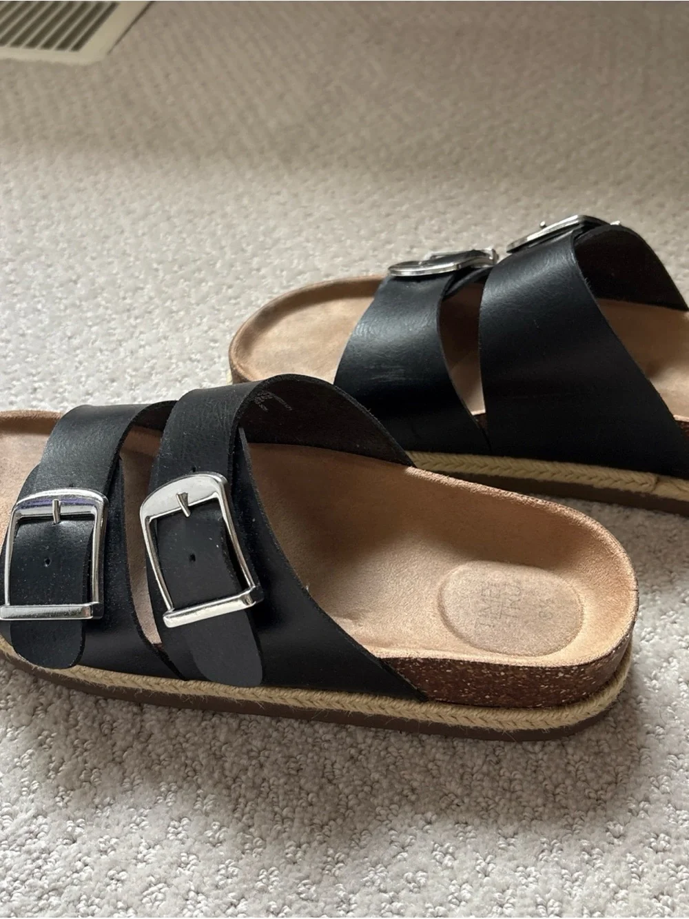 Time and Tru Black Double-Buckle Slide Sandals
